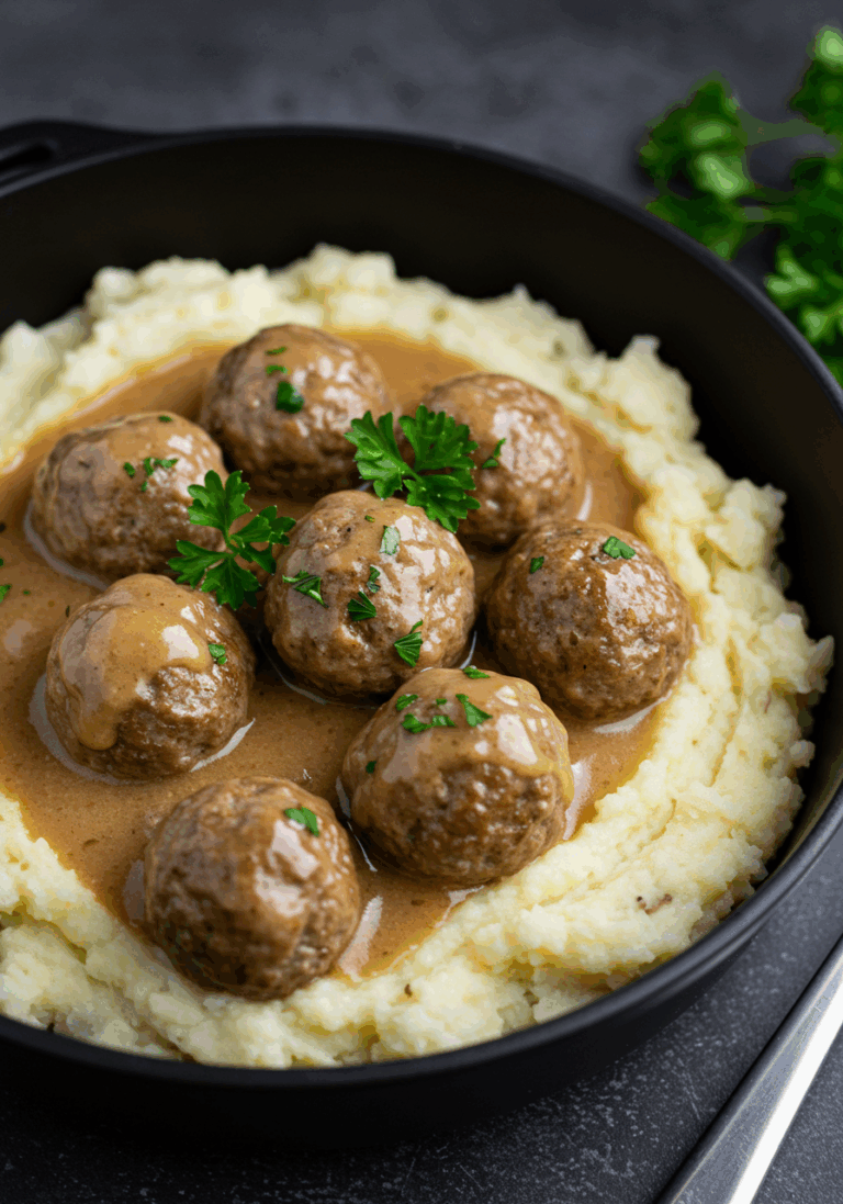 Hackbällchen in cremiger Sauce mit Kartoffelpüree