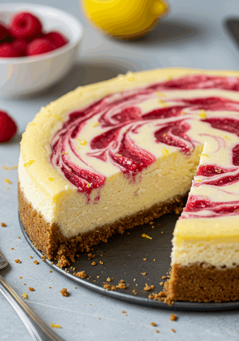 Köstlicher Zitronen-Himbeer-Swirl-Käsekuchen
