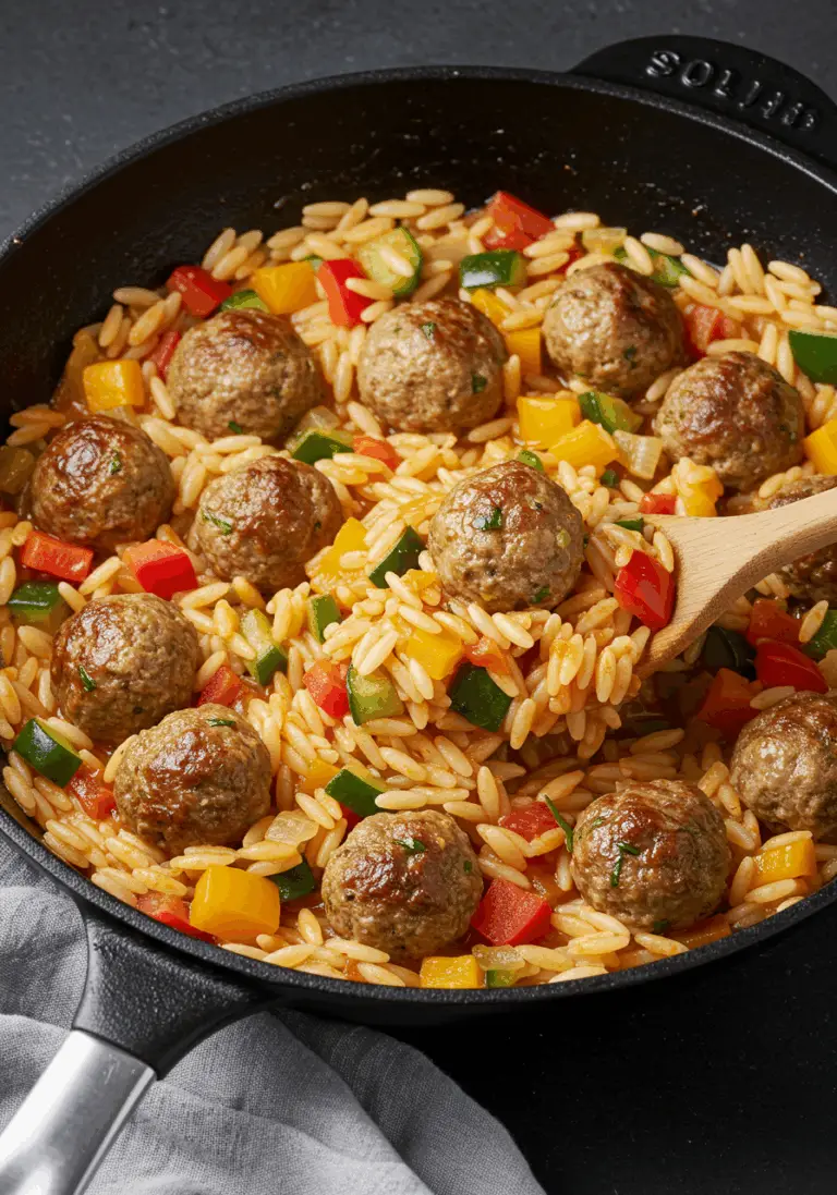 Orzo-Pfanne mit Hackbällchen und Gemüse