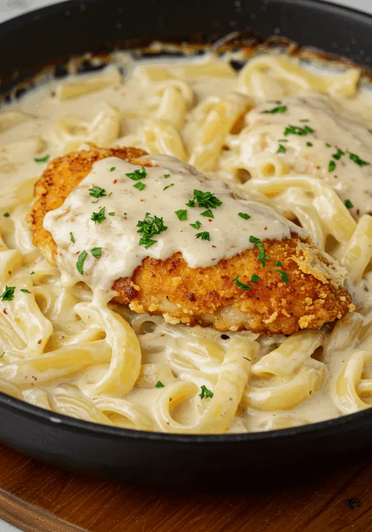 Knuspriges Parmesan-Hähnchen mit cremiger Alfredo-Soße