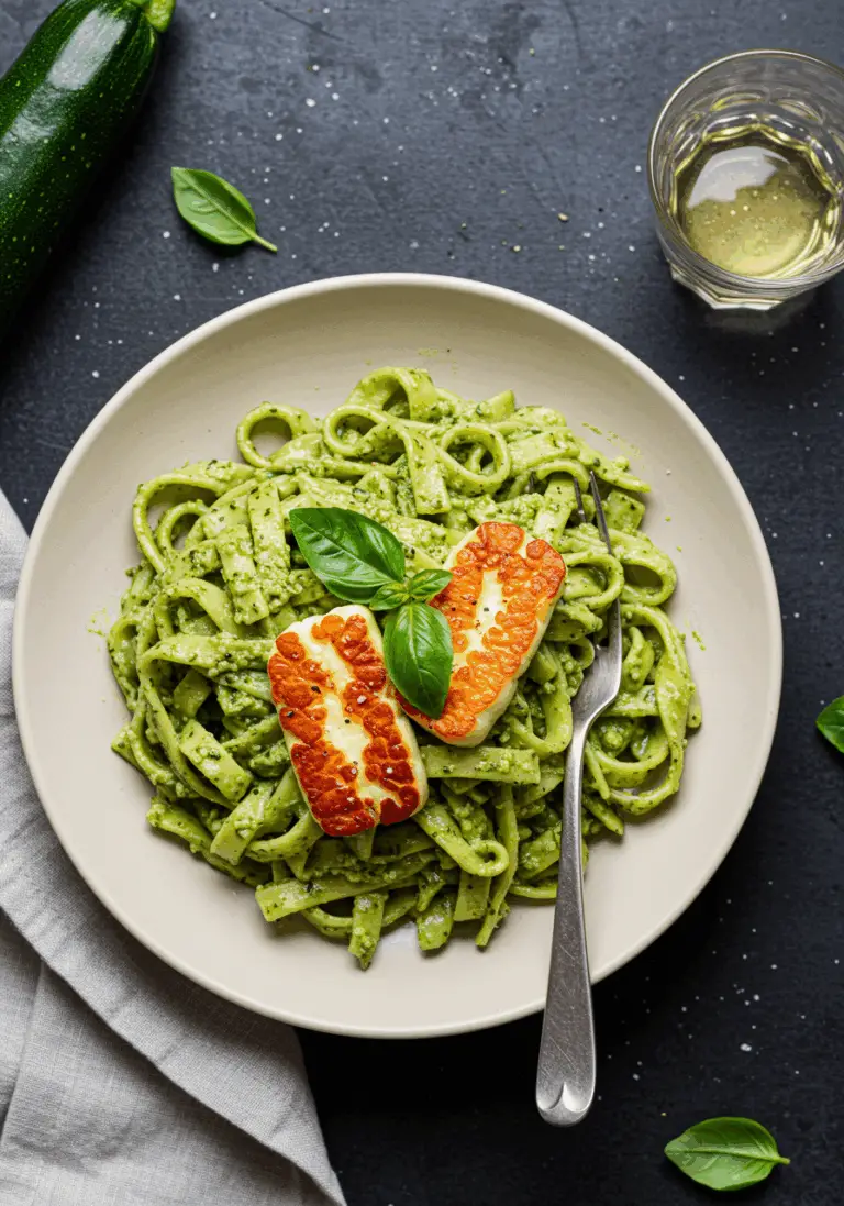 Halloumi mit Zucchini-Pesto-Nudeln