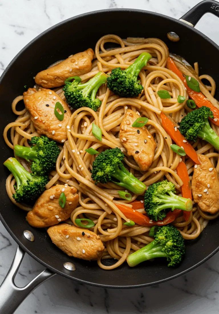 Asiapfanne mit Nudeln Huhn und Brokkoli