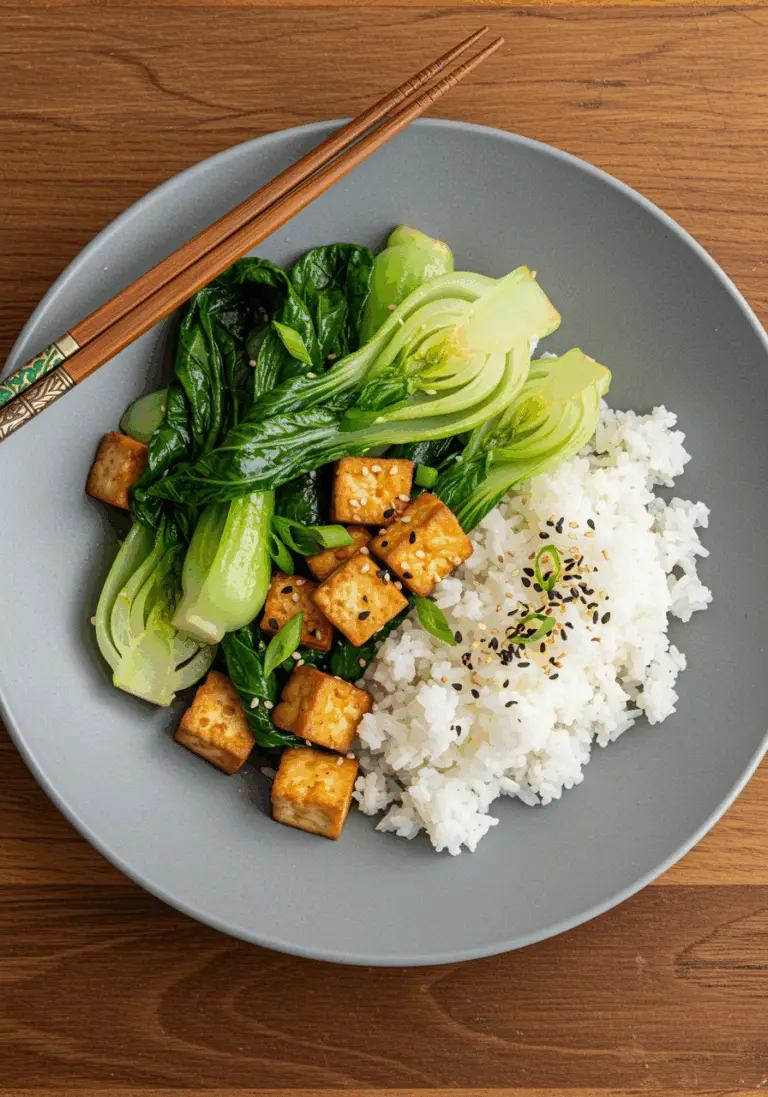 Gebratener Pak Choi mit knusprigem Tofu & Reis