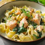 Bandnudeln mit Lachs und Spinat in cremiger Sauce