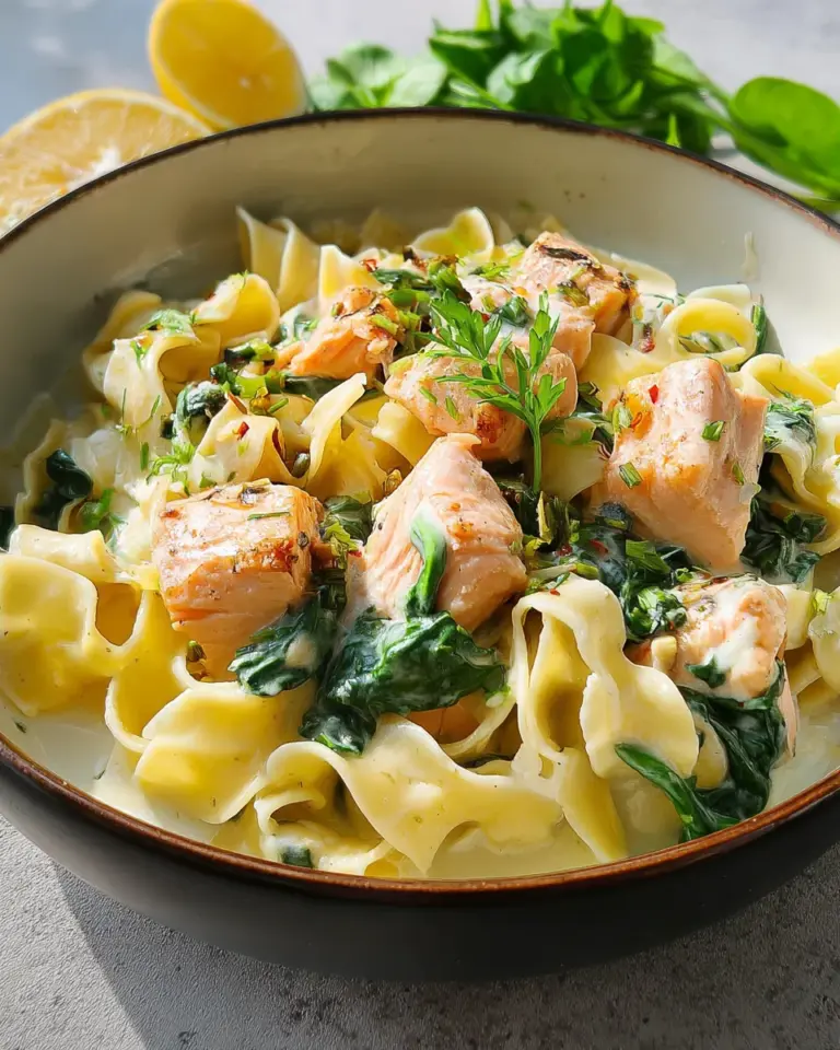 Bandnudeln mit Lachs und Spinat in cremiger Sauce