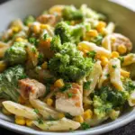 Brokkoli-Mais-Nudeln mit Hähnchen