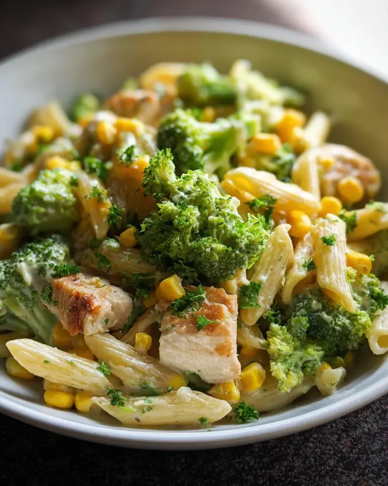 Brokkoli-Mais-Nudeln mit Hähnchen