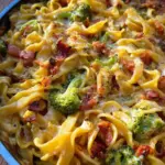 Cremige Pastapfanne mit Brokkoli und turkey bacon
