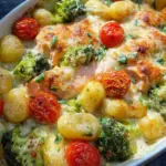 Cremiger Gnocchi Auflauf mit Lachs, Brokkoli und Tomaten