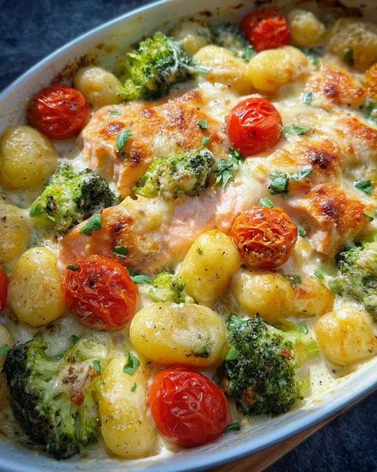 Cremiger Gnocchi Auflauf mit Lachs, Brokkoli und Tomaten