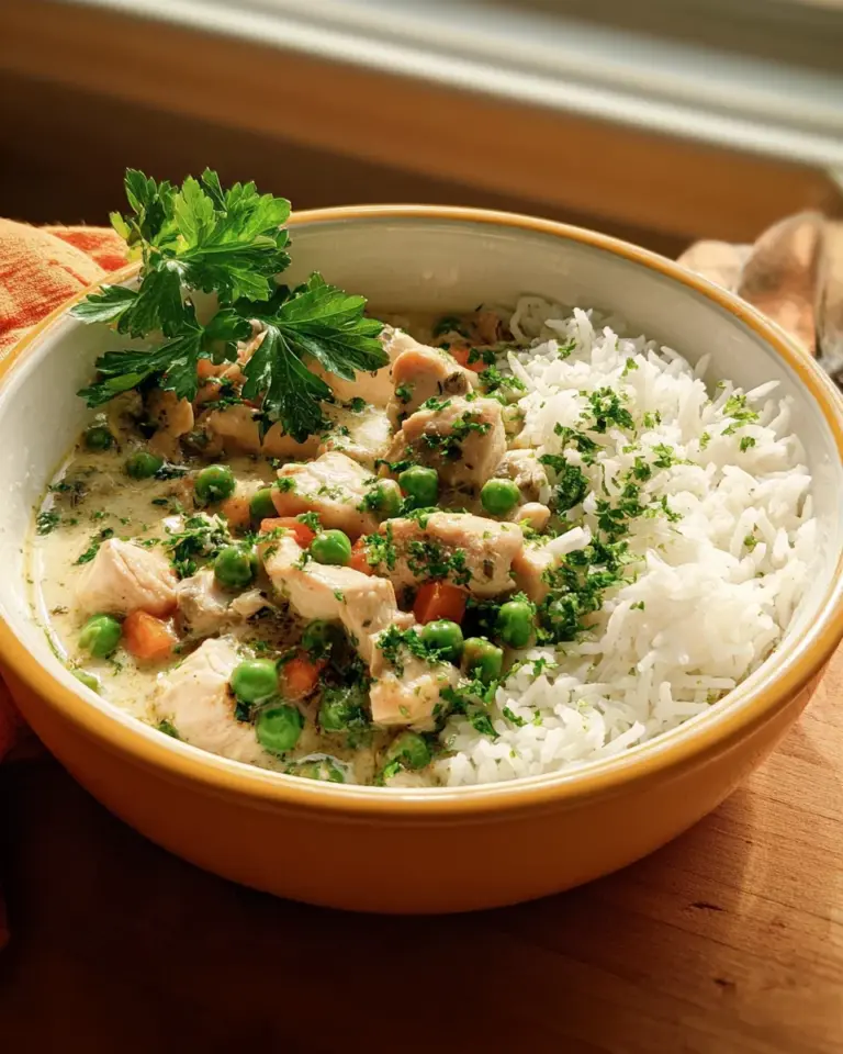 Cremiges Hühnerfrikassee auf Basmatireis