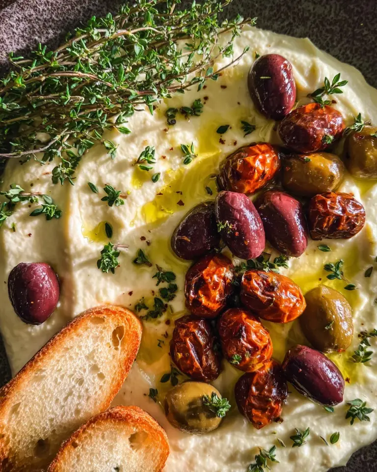 Feta Dip mit gerösteten Oliven (schnelles Rezept)