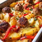 Leckerer Kartoffelauflauf mit chicken bratwurst