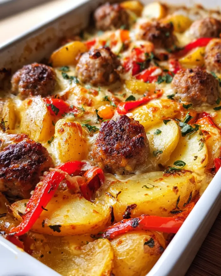 Leckerer Kartoffelauflauf mit chicken bratwurst