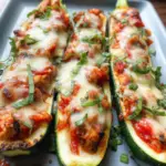 Low Carb Gefüllte Zucchini mit Hähnchen, Tomatensauce und Parmesan