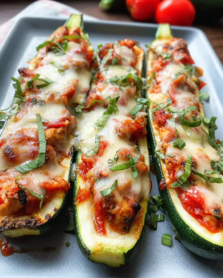 Low Carb Gefüllte Zucchini mit Hähnchen, Tomatensauce und Parmesan