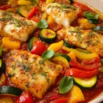 Mediterraner Fischauflauf mit Kabeljau, Paprika & Zucchini