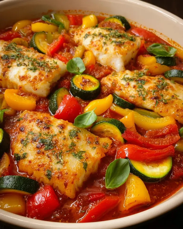 Mediterraner Fischauflauf mit Kabeljau, Paprika & Zucchini