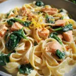 Nudeln in Lachs Sahne Soße mit Spinat