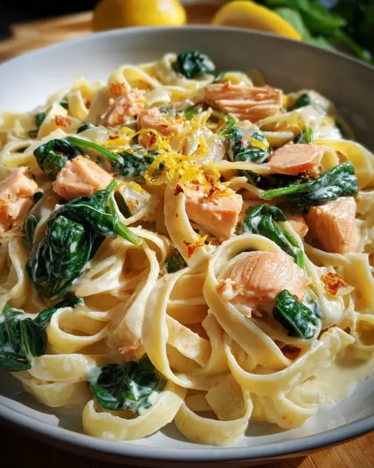 Nudeln in Lachs Sahne Soße mit Spinat