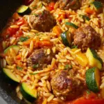 Orzo-Pfanne mit Hackbällchen und Gemüse