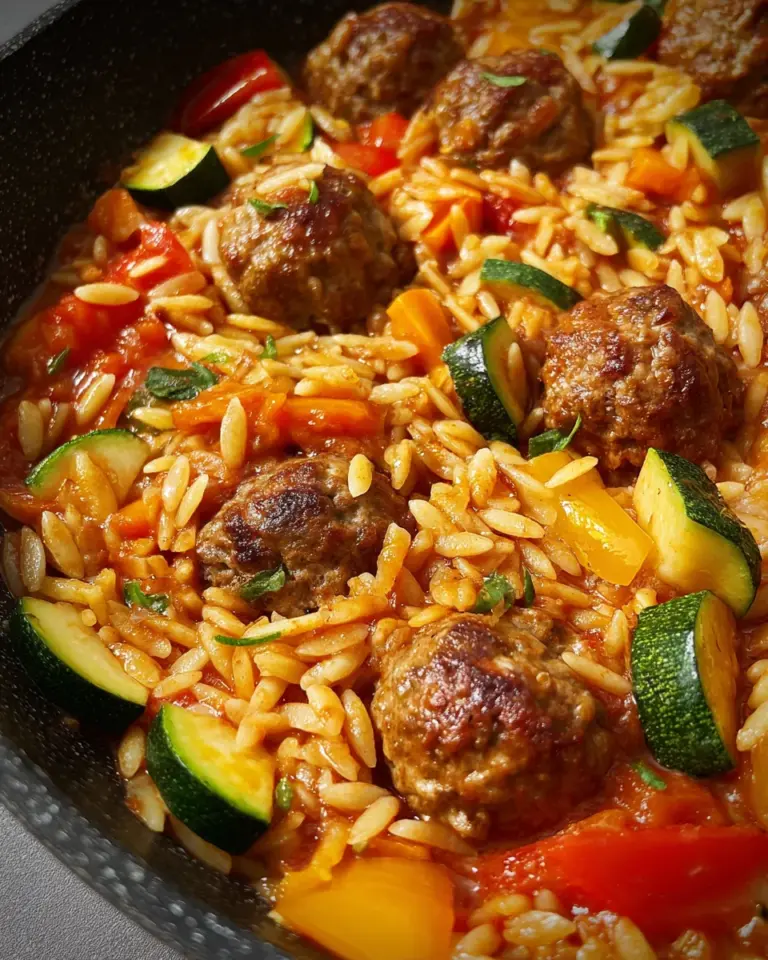 Orzo-Pfanne mit Hackbällchen und Gemüse