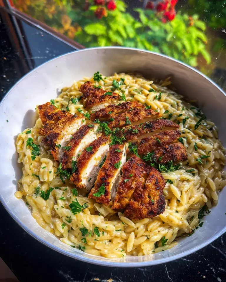 Orzo One Pot Pasta Alfredo mit gebratenem Hähnchen