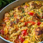 Paprika Sahne Hähnchen mit Orzo Nudeln aus dem Ofen