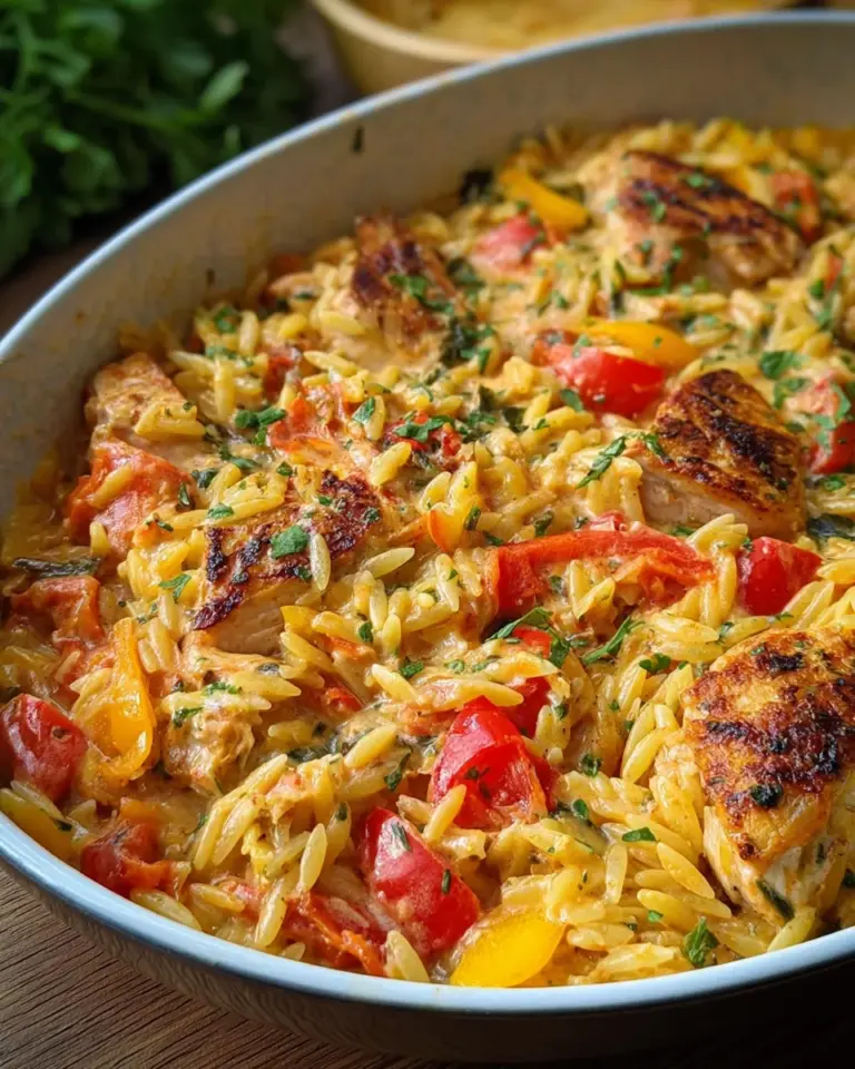 Paprika Sahne Hähnchen mit Orzo Nudeln aus dem Ofen