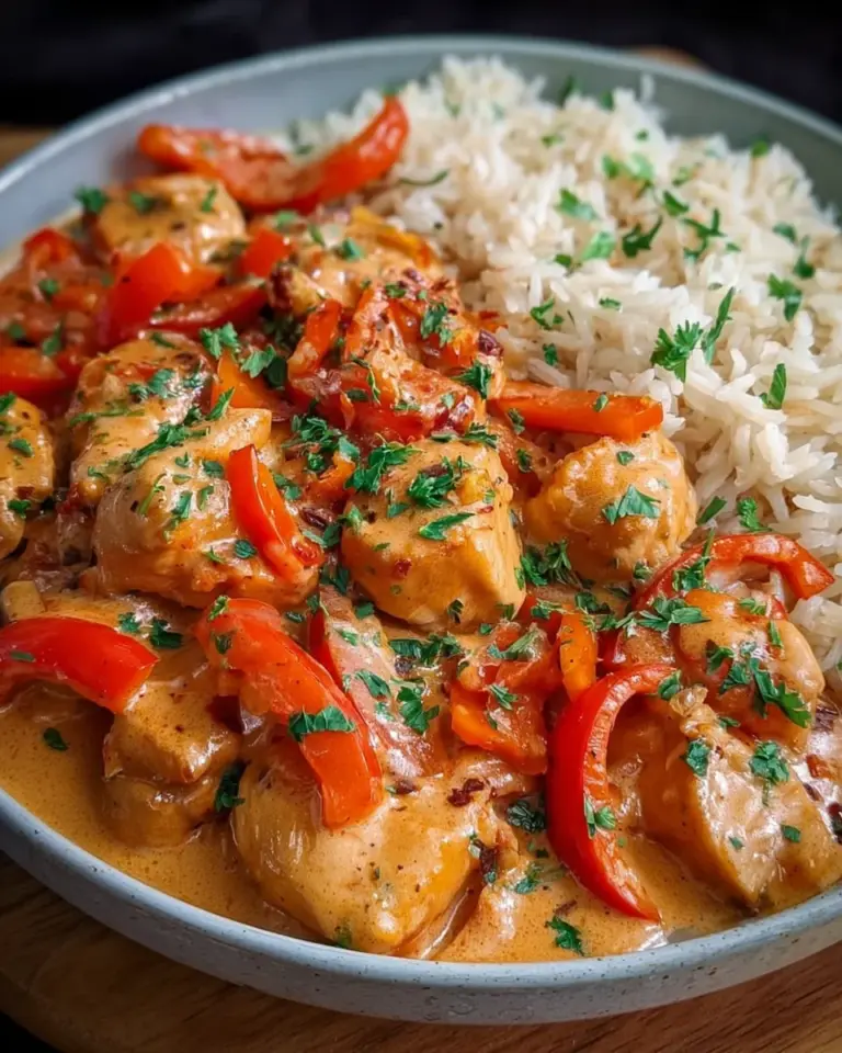 Paprika Sahne Hähnchen mit Reis