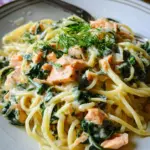 Pasta mit Lachs und Spinat in Sahnesoße.