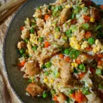 Reis im Airfryer – gebratener Reis mit Hähnchen