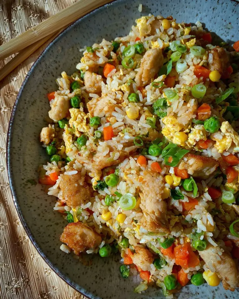 Reis im Airfryer – gebratener Reis mit Hähnchen