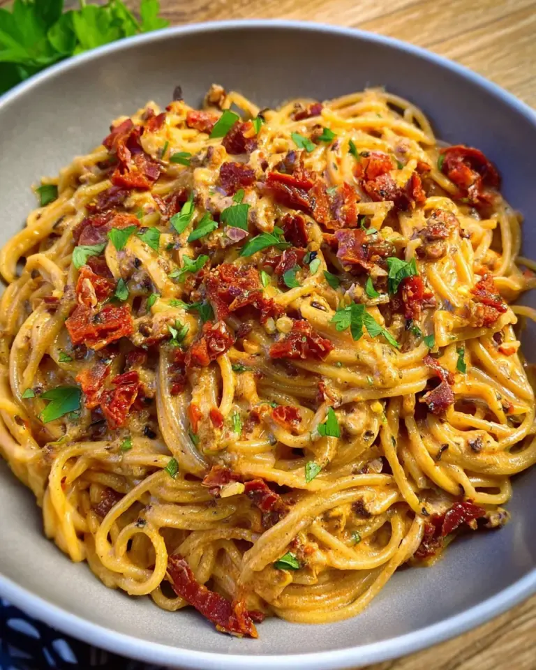 Spaghetti mit karamellisierten Zwiebeln, Speck und getrockneten Tomaten