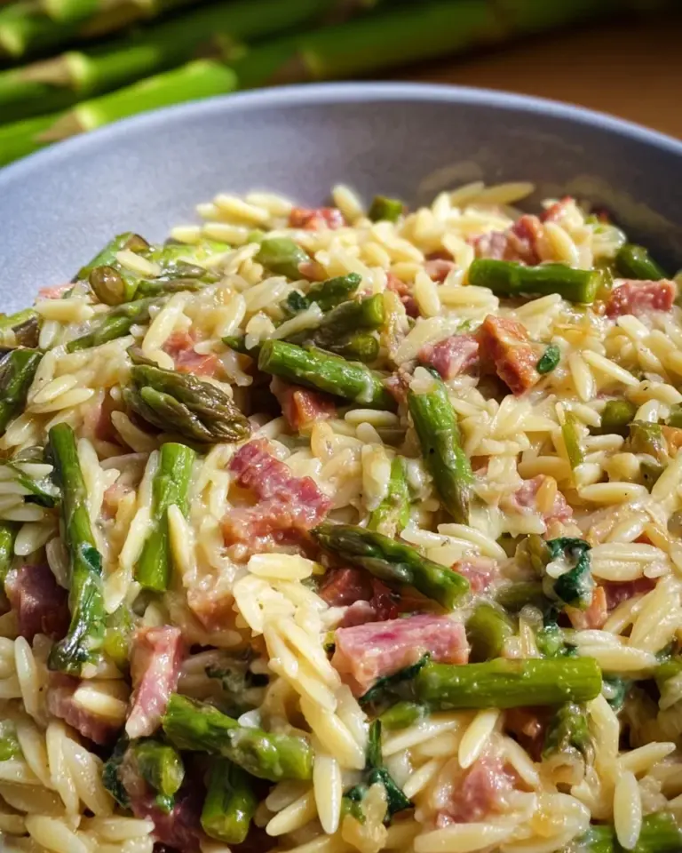 Spargel Orzo Pasta mit Schinken