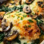 Überbackenes Hähnchen mit Rahmspinat uund pilzen