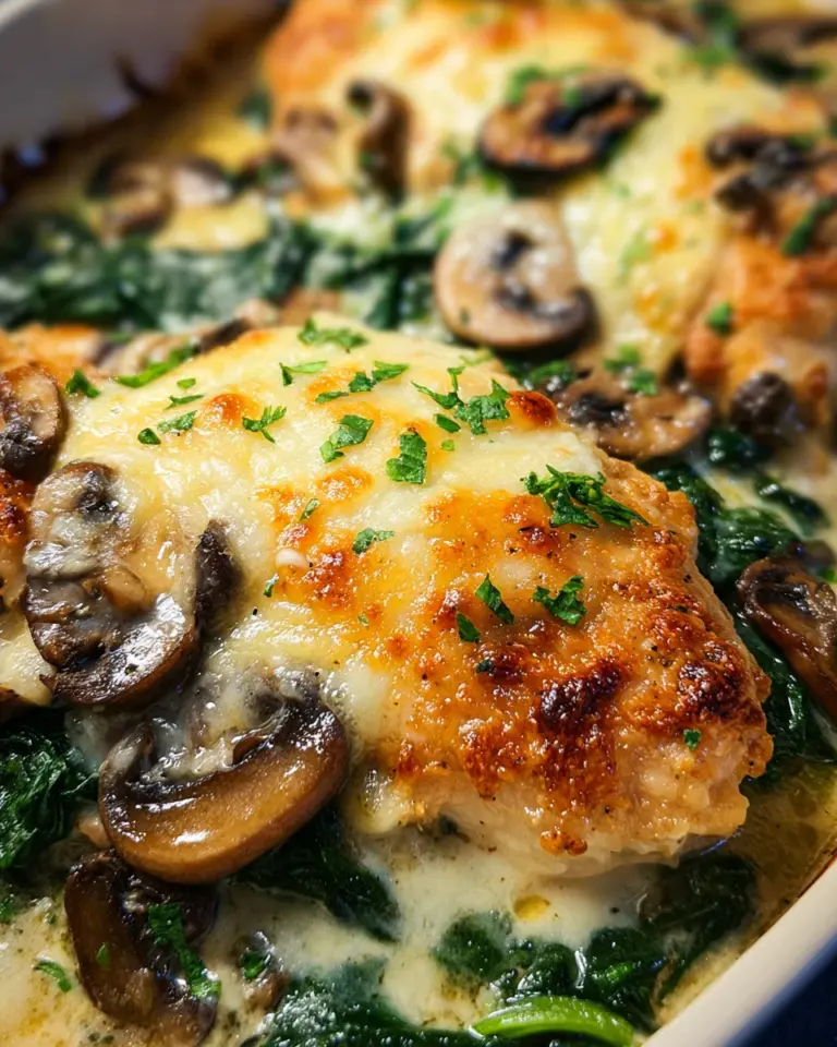 Überbackenes Hähnchen mit Rahmspinat uund pilzen