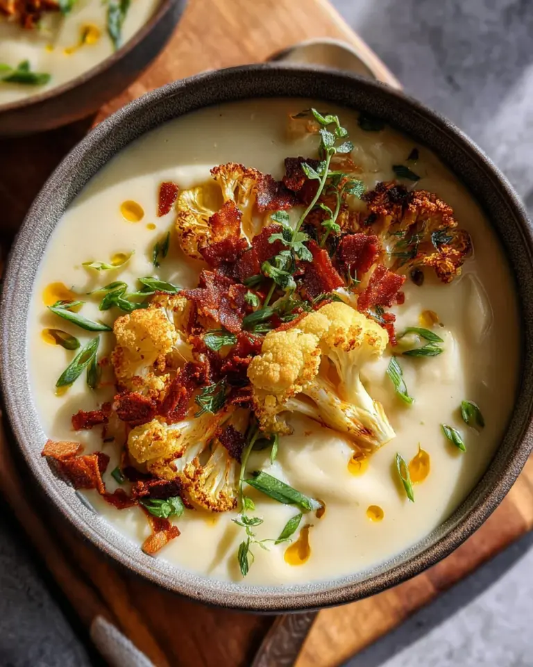 Vegane Blumenkohlsuppe mit Kokos-Speck