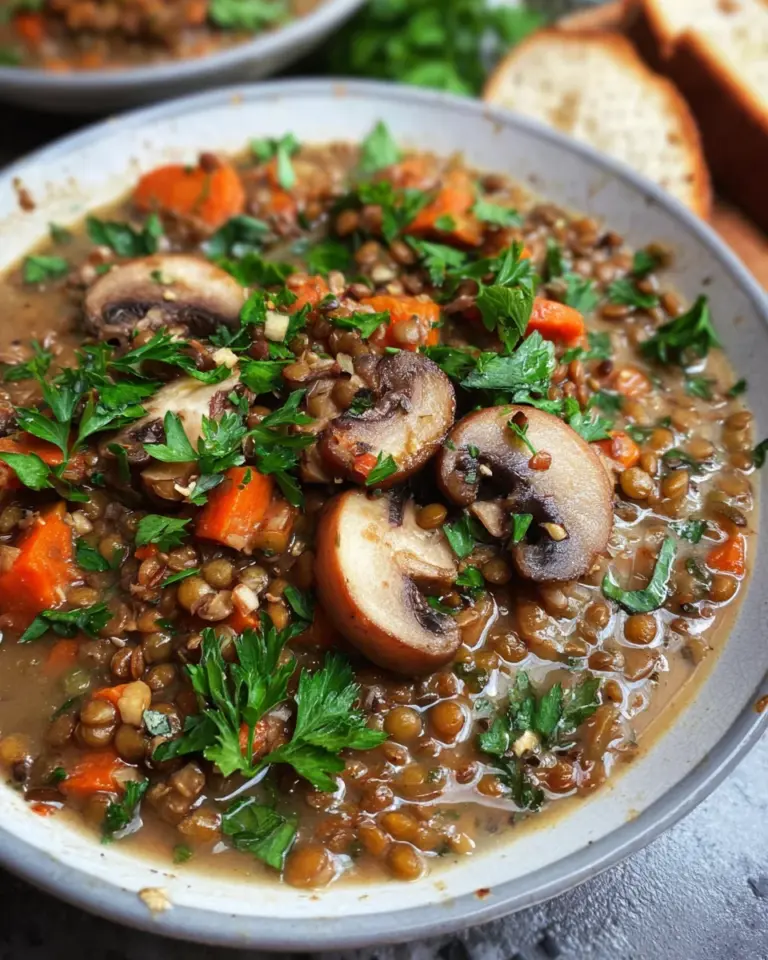 Veganer Linseneintopf mit Champignons und Möhren