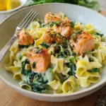 Bandnudeln mit Lachs und Spinat in cremiger Sauce