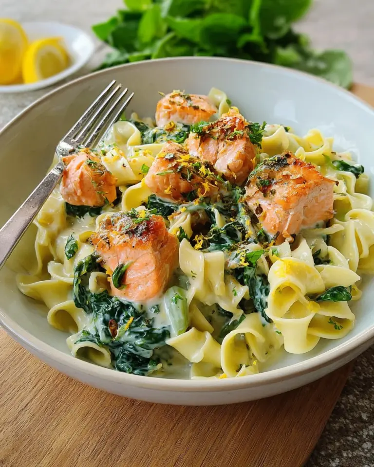 Bandnudeln mit Lachs und Spinat in cremiger Sauce