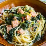 Pasta mit Lachs und Spinat in Sahnesoße.