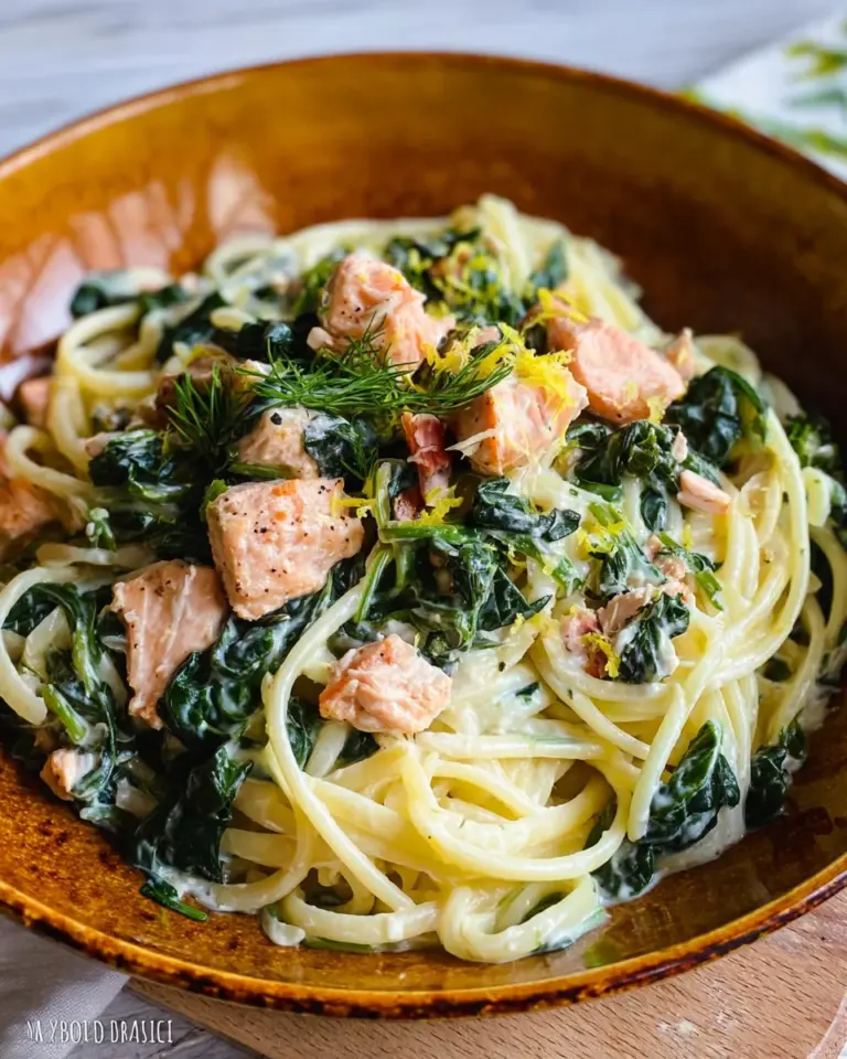 Pasta mit Lachs und Spinat in Sahnesoße.
