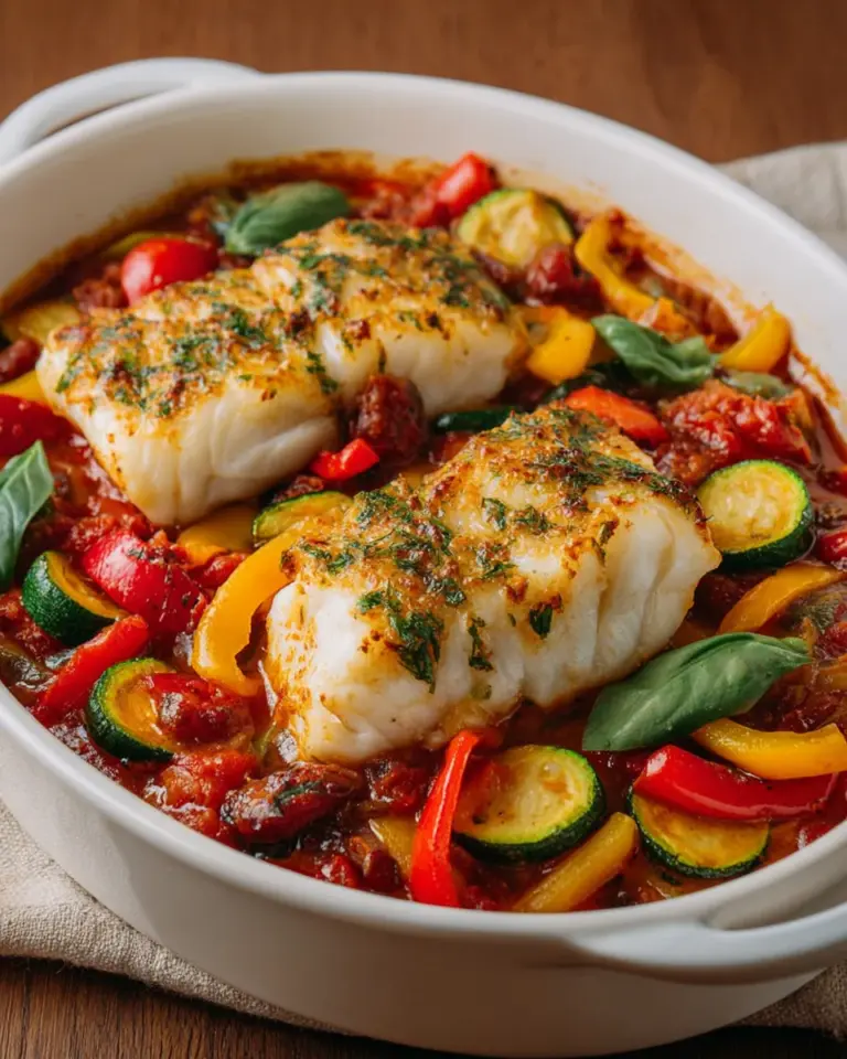 Mediterraner Fischauflauf mit Kabeljau, Paprika & Zucchini