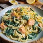 Nudeln in Lachs Sahne Soße mit Spinat