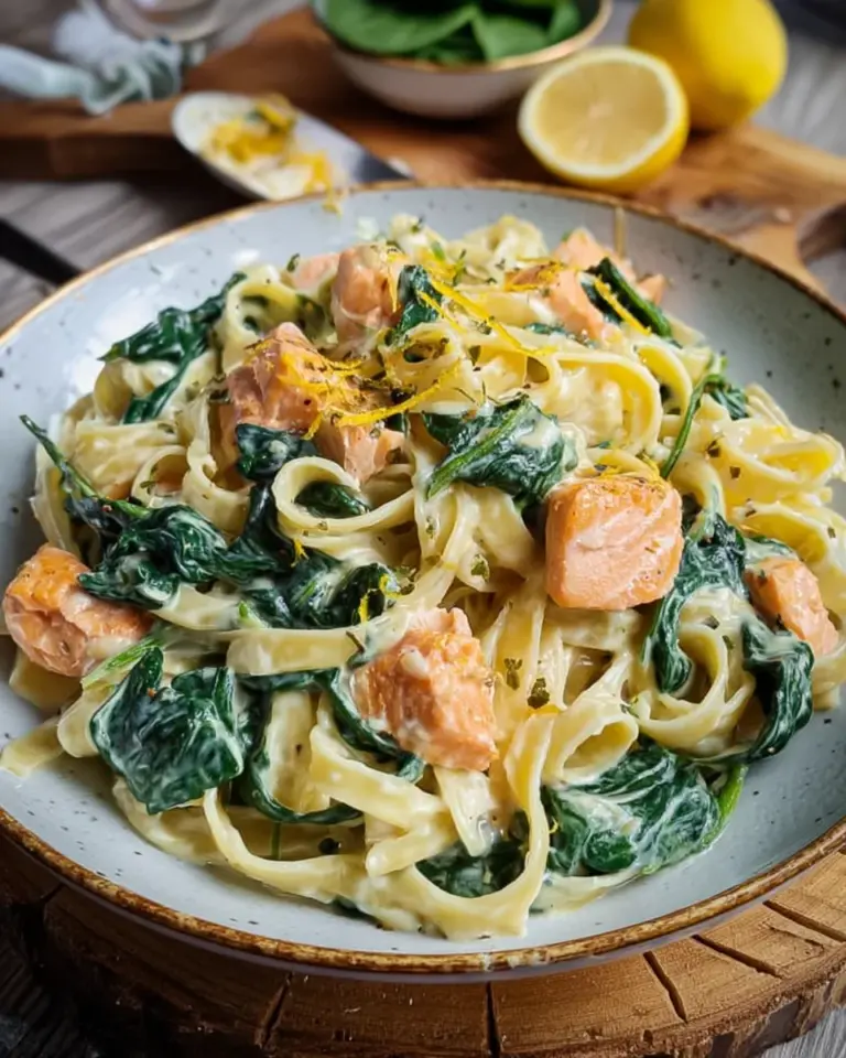 Nudeln in Lachs Sahne Soße mit Spinat