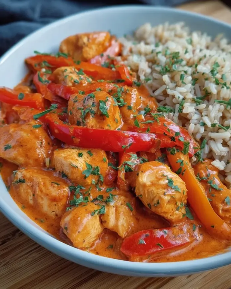 Paprika Sahne Hähnchen mit Reis