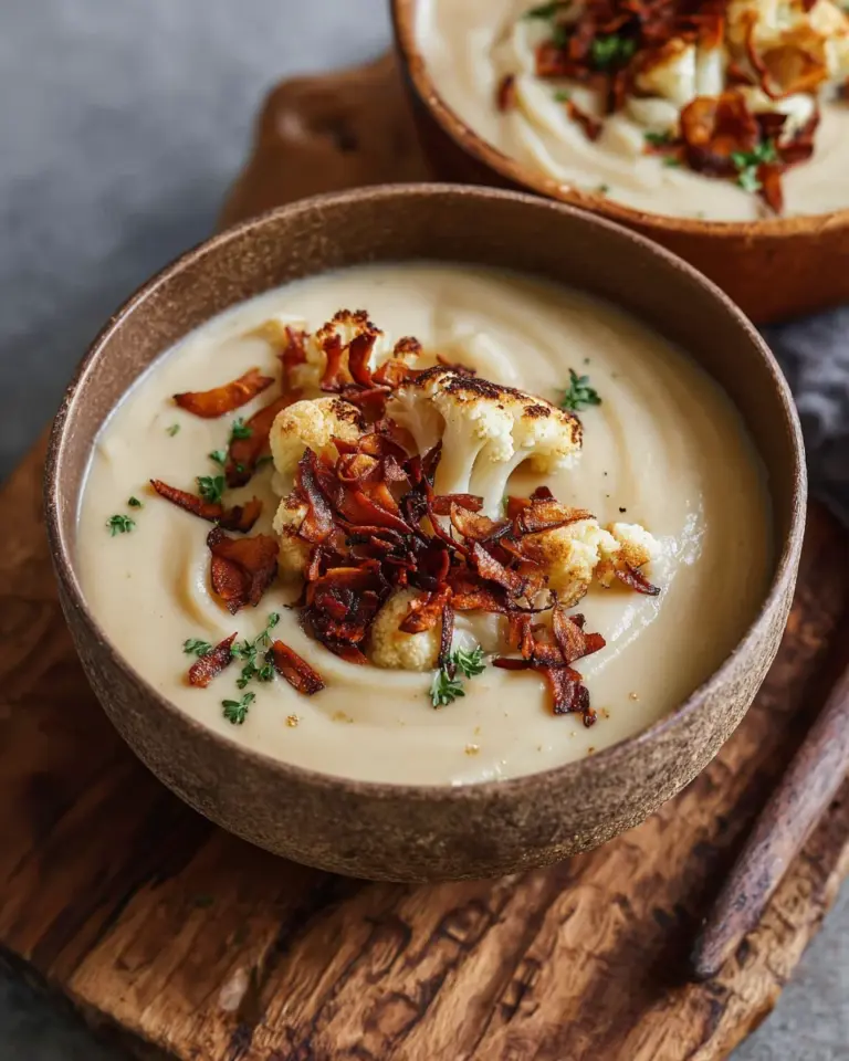 Vegane Blumenkohlsuppe mit Kokos-Speck