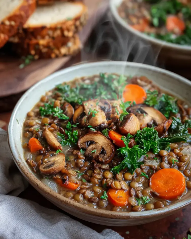 Veganer Linseneintopf mit Champignons und Möhren
