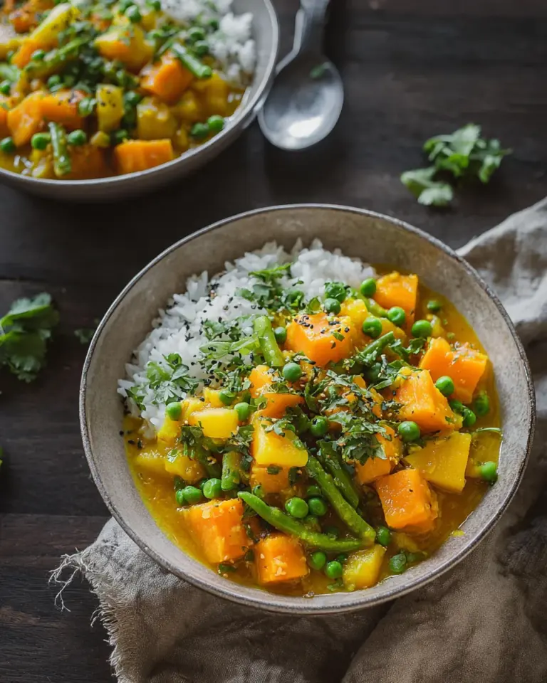 Vegetarisches Kürbis-Curry mit Erbsen (mild scharf)